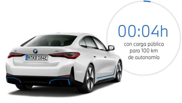 BMW i4 eDrive40 G26 2021 Vista de tres cuartos de la zaga con gráfico sobre duración de carga BMW i4 eDrive40 G26 2021 Vista de tres cuartos de la zaga con gráfico sobre duración de carga