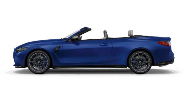 Diseño del lateral BMW M4 Competition Cabrio con sistema M xDrive G83 2021 BMW M4 Cabrio Competition con sistema M xDrive G83 2021 BMW Individual Frozen Portimao Blau metalizado, vista lateral