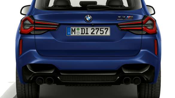 Diseño de la zaga BMW X3 M Competition F97 LCI Renovación 2021 BMW X3 M Competition F97 LCI Renovación 2021 Frozen Marina Bay Blue metalizado, diseño de la zaga, vista de la zaga