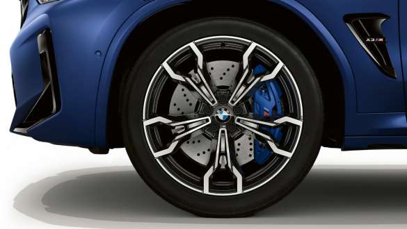 Llantas de aleación ligera M de 21 pulgadas con radios en V estilo 765 M BMW X3 M Competition F97 LCI Renovación 2021 BMW X3 M Competition F97 LCI Renovación 2021 Frozen Marina Bay Blau metalizado, llantas de aleación ligera M de 21 pulgadas con radios en V estilo 765 M, primer plano